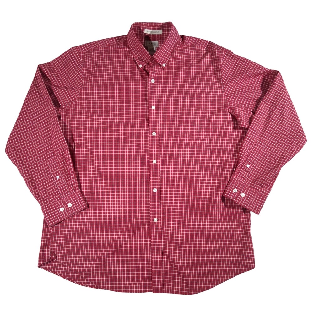 LL Bean Mens Large Red White Check Wrinkle Resistant Button Down Casual Shirt